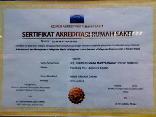 Sertifikat Akreditasi RSK. Mata Prov. Sumsel